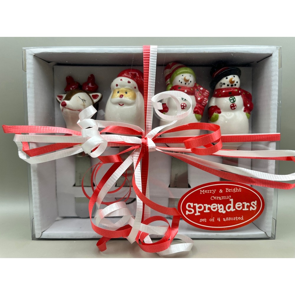 Merry & Bright Christmas Ceramic Spreaders Set of 4 Santa Reindeer Snowman As Is